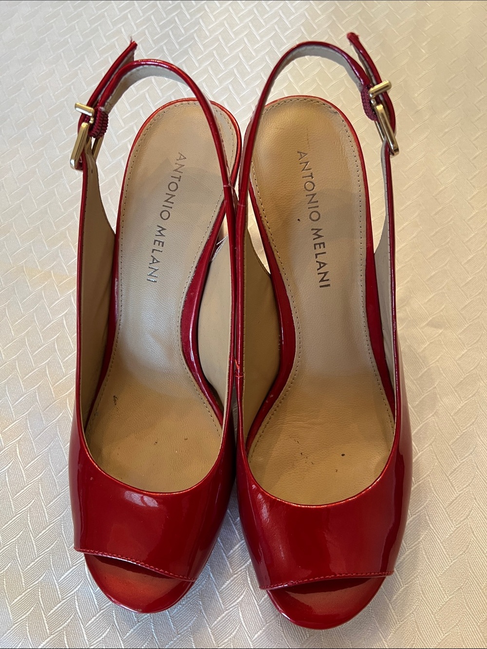 ANTONIO MELANI Red Patent Peep-Toe Slingback Heels